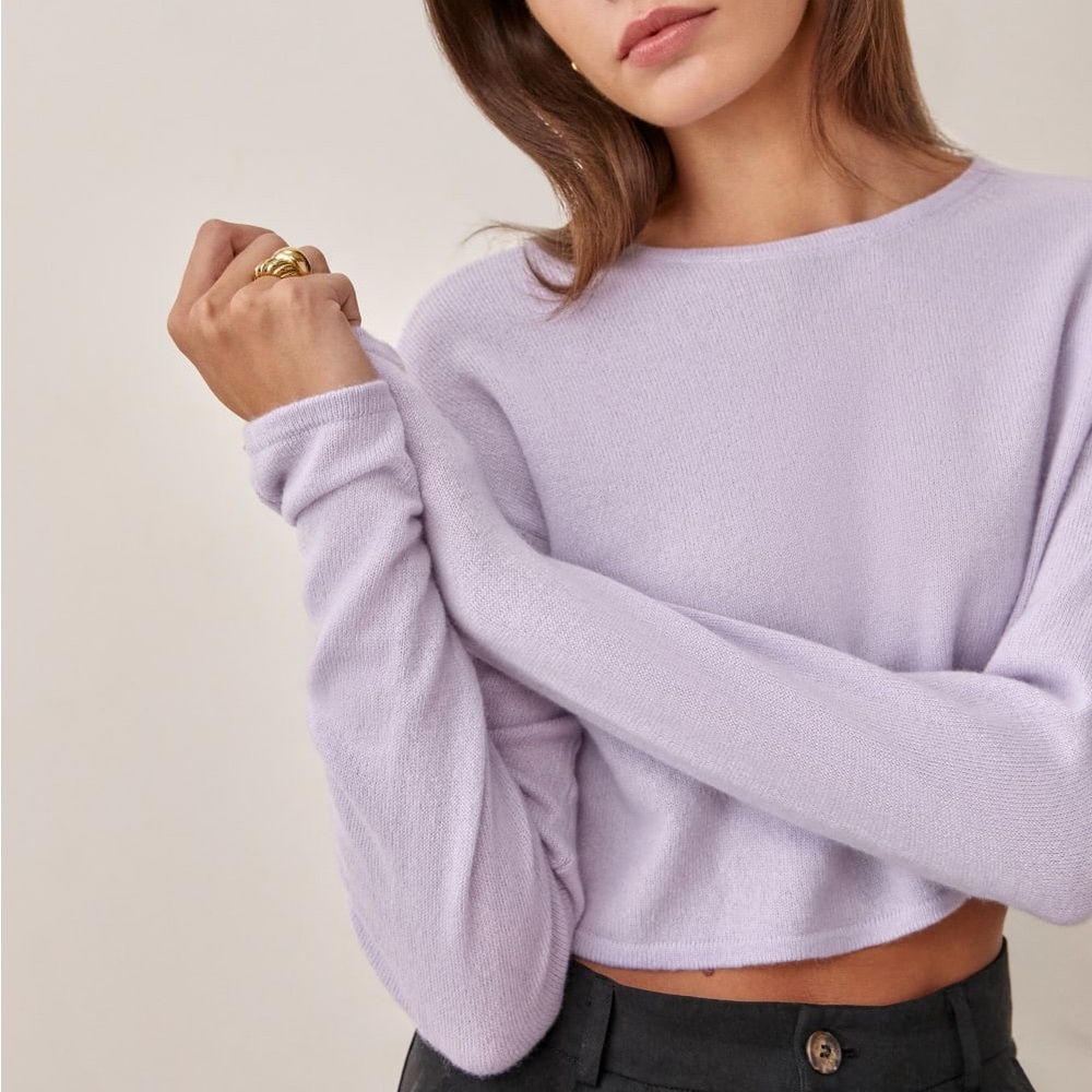 Reformation Idan Cropped Cashmere Crew, Pale Lavender